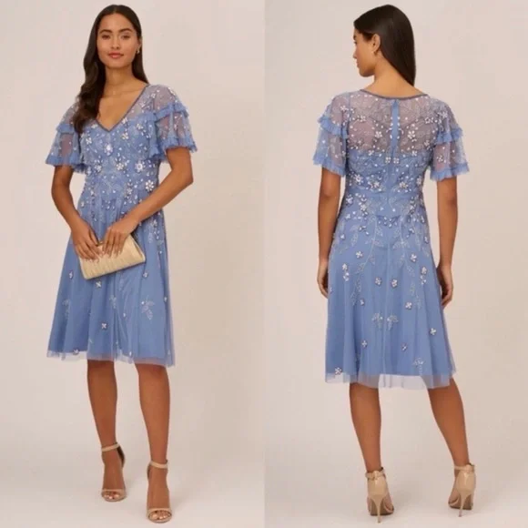 Adrianna Papell Blue Floral Embroidered Midi Dress - Picture 15 of 15